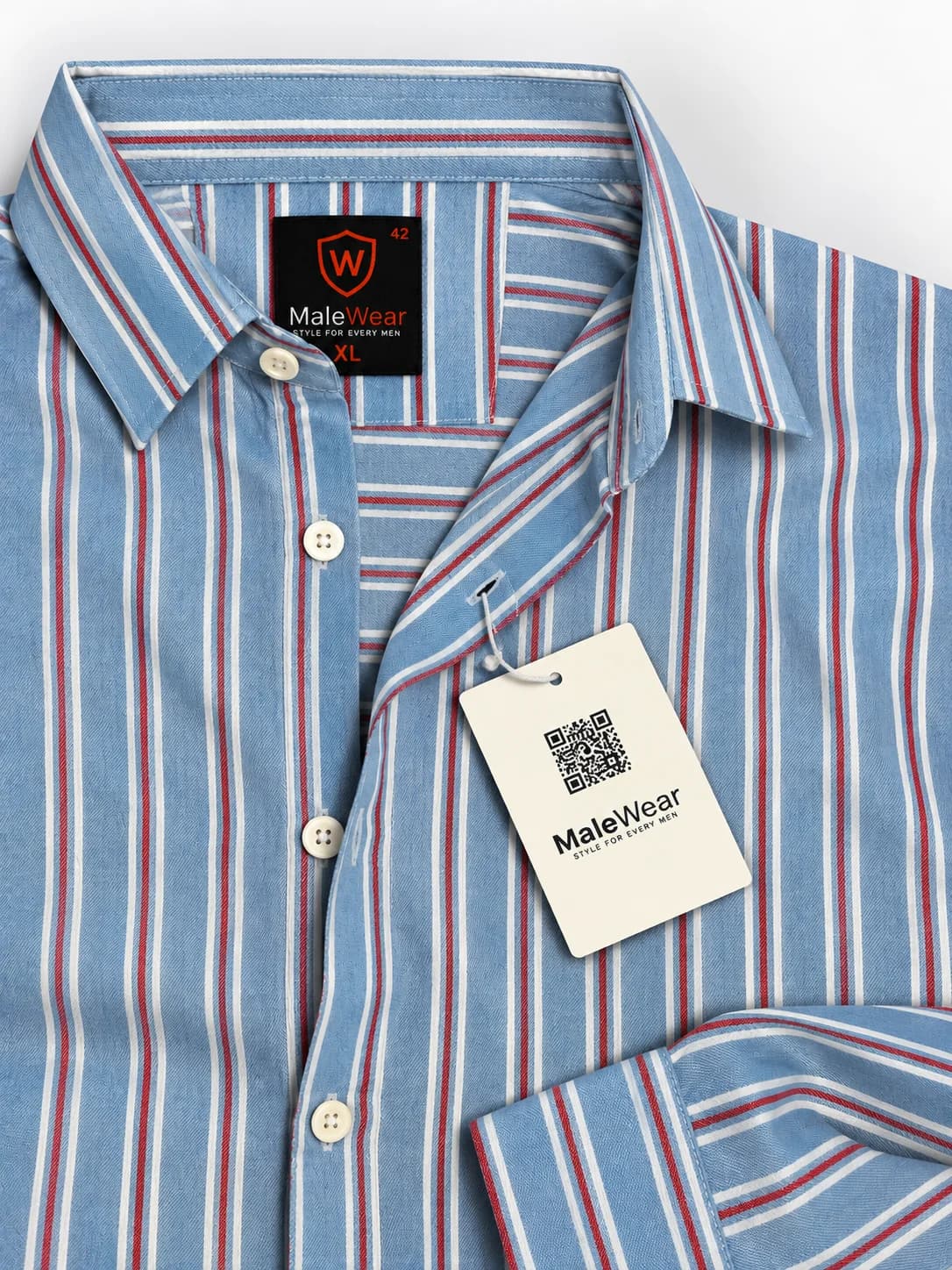 MaleWear Premium Men's Sky Blue Striped Full Sleeve Shirt – Red & White Stripe