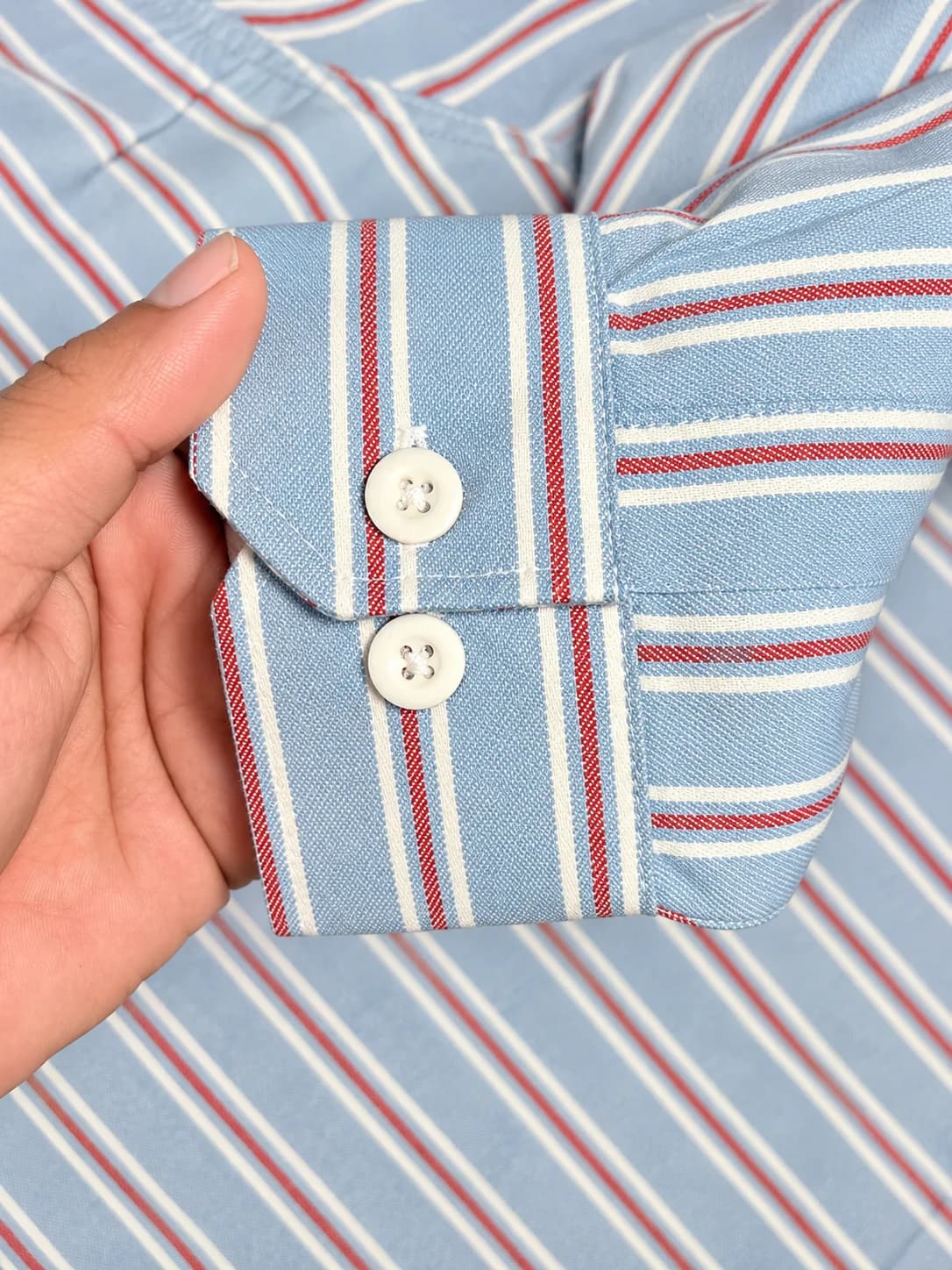 MaleWear Premium Sky Blue Striped Men's Full Sleeve Shirt with Red and White Stripes, Classic Collar and Brand Tag   Copy