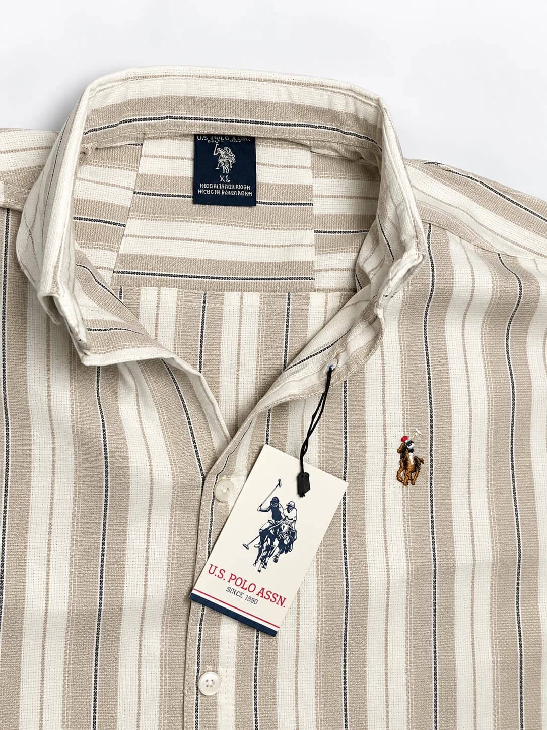 U.S. Polo Assn. Men's Premium Beige & Cream Striped Full Sleeve Shirt – Classic Button-Down Collar