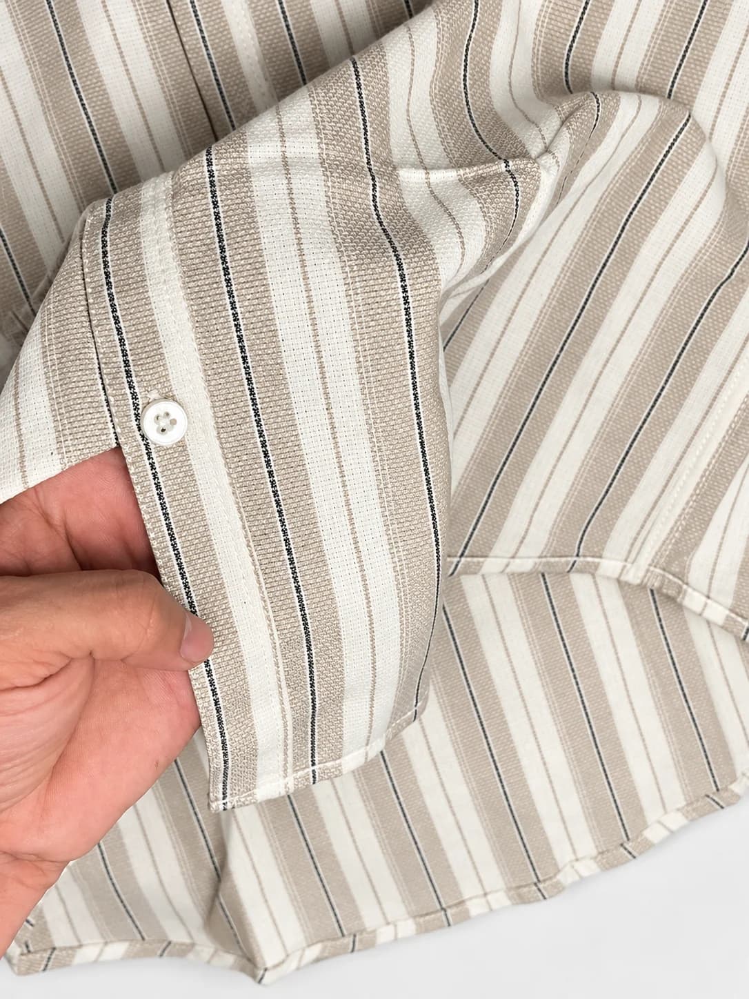 U.S. Polo Assn. Men's Premium Beige and Cream Striped Button-Down Shirt XL with Embroidered Chest Logo, Brand Label and Hang Tag