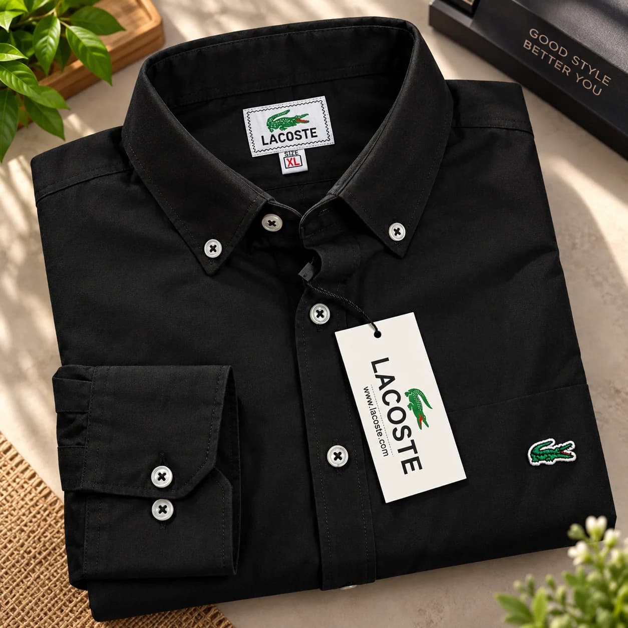 Lacoste Black Men's Button-Down Shirt XL Close-Up Showing Classic Collar, Green Crocodile Embroidery, White Buttons and Brand Tag
